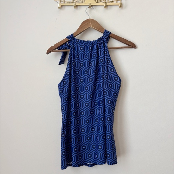Jude Connally Tie Neck Tank Top Medium Blue Geometric Print - Picture 3 of 6